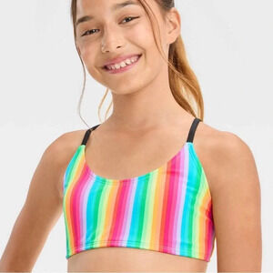 *NWT* Art Class On the Bright Side Striped Bikini Top, L (10/12) Rainbow, Black
